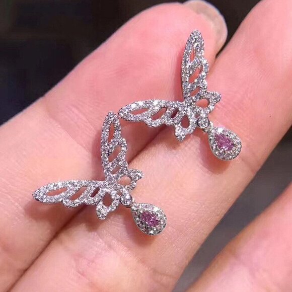 Hollow Design Tear Drop Pink Butterfly Wings Earrings, MLNN1082 - Picture 3 of 4